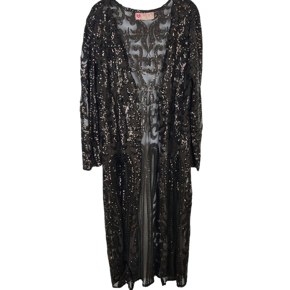 southern fried chics Sweaters - Southern Fried Chics XL Black Sequin Mesh Duster Cardigan Victorian gothic